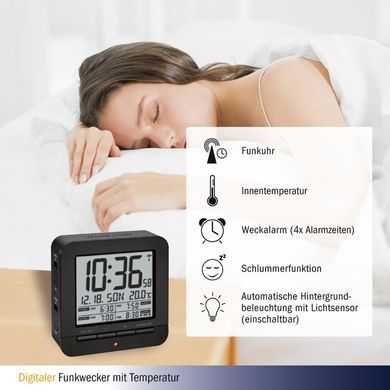 Радіокерований цифровий будильник TFA 60.2536.01 з термометром чорний: фото 3 із 3