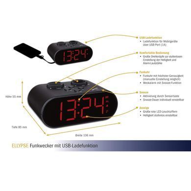 Радіокерований цифровий будильник TFA ELLYPSE 60.2551.01 з USB-зарядкою: фото 2 із 3