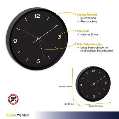 Безшумний настінний годинник TFA 60.3056.01 чорний: фото 2 із 2