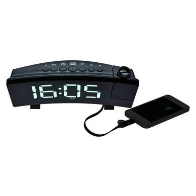 Проекційний будильник-радіо TFA 60.5015.02 з USB-зарядкою, чорний з білими LED цифрами: фото 4 із 4