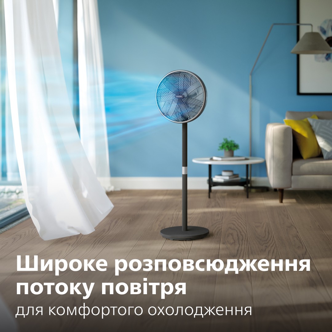 Напольный вентилятор PHILIPS CX3550/01 распределяет поток воздуха в гостиной