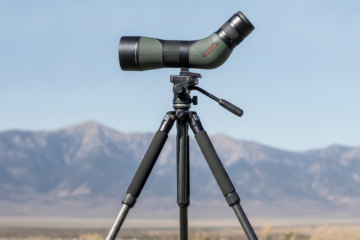 Підзорна труба Athlon Ares G2 UHD 15–45x65/45 з кутовим окуляром на штативі в горах