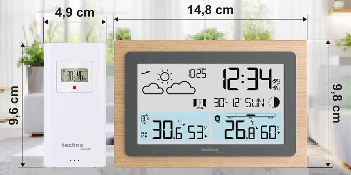 Technoline WS 6785 Graphite/Wooden Frame: база 14,8 × 9,8 см, датчик 4,9 × 9,6 см (ширина × высота)