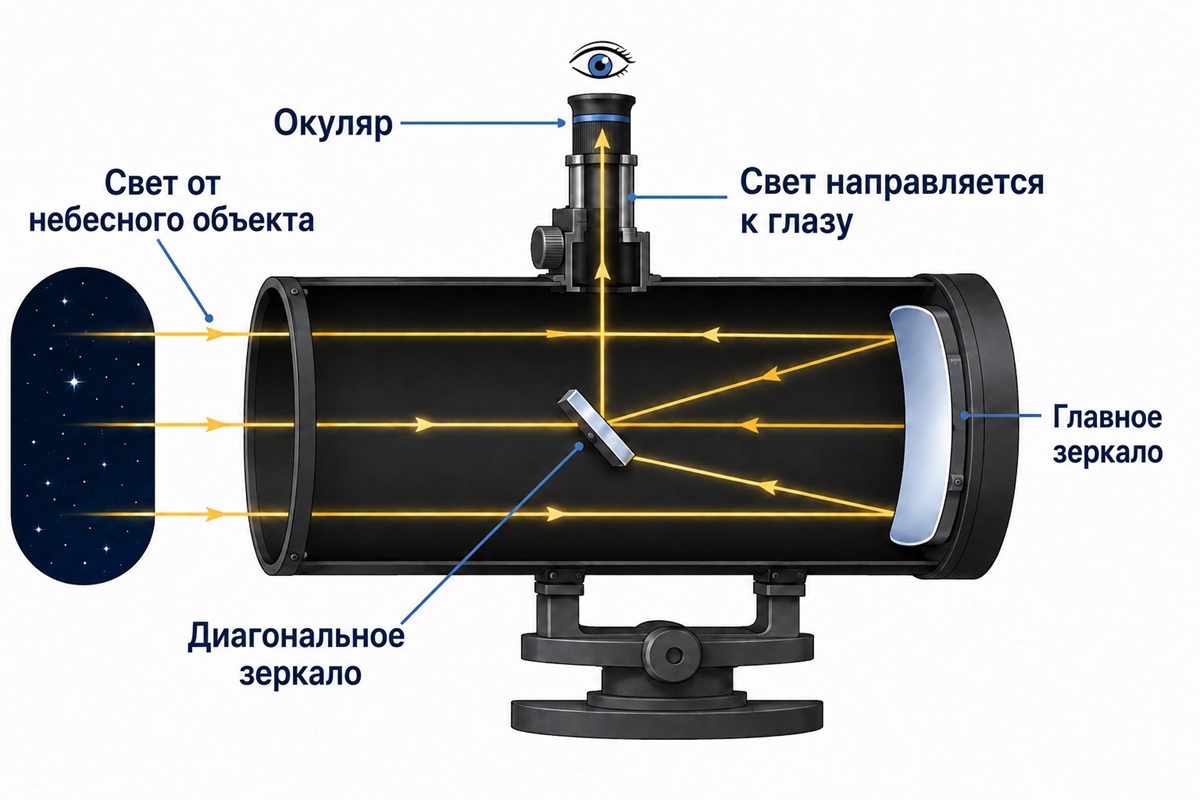 Схема работы телескопа-рефлектора Ньютона: главное и диагональное зеркала устремляют свет в окуляр