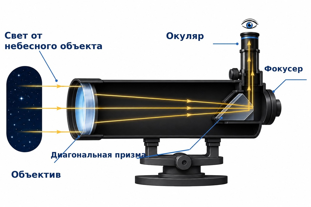 Схема работы телескопа-рефрактора: объектив собирает свет, диагональная призма направляет его в окуляр